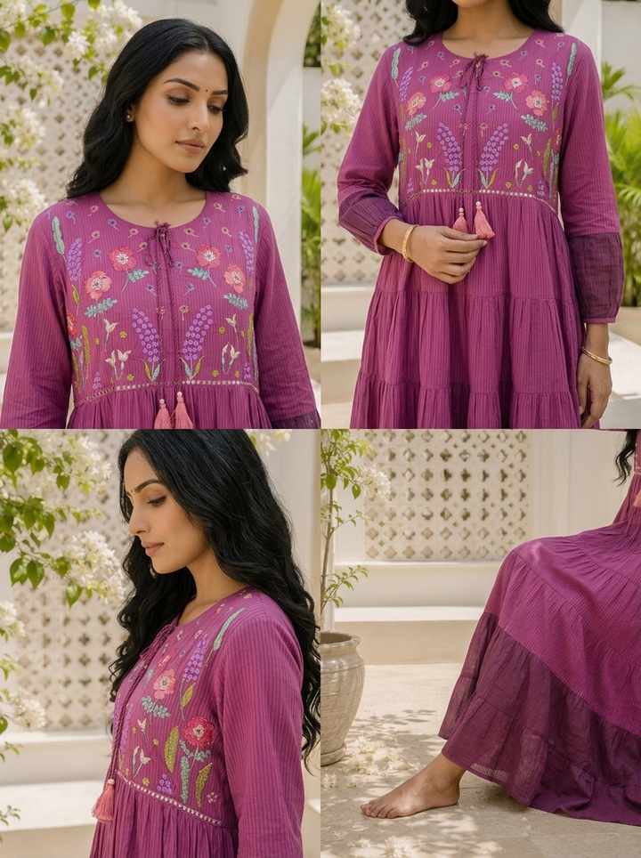 Wine Cotton Floral Thread Embroidered Dress