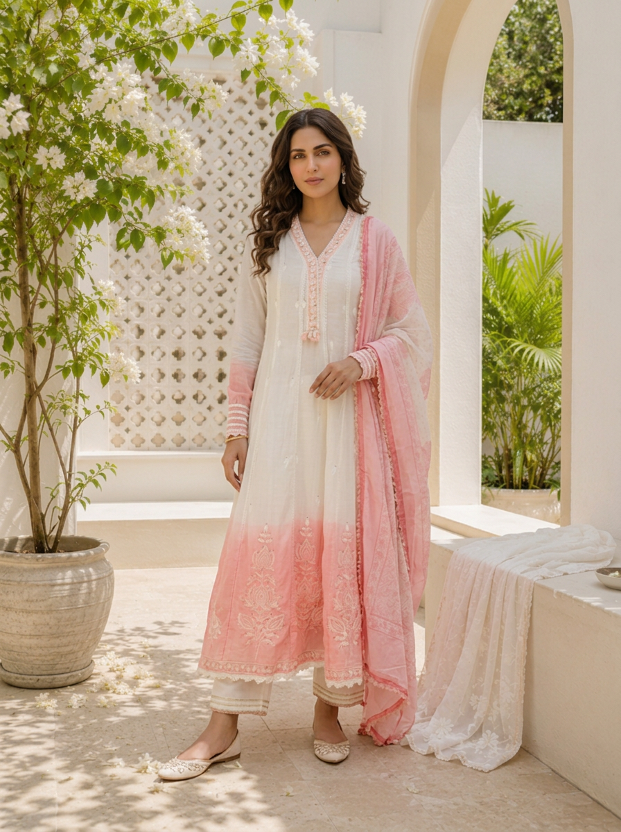 Baby Pink Cotton Ombre Lotus Embroidered Three Piece Set