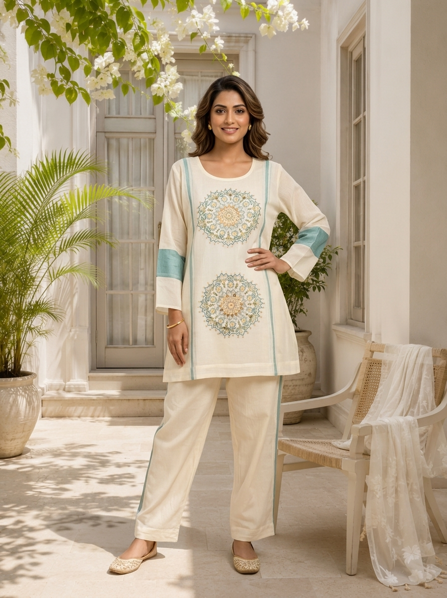 Sea Green Organza Mandala Motifs Embroidered Two Piece Set