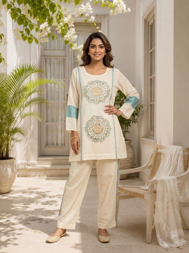 Sea Green Organza Mandala Motifs Embroidered Two Piece Set