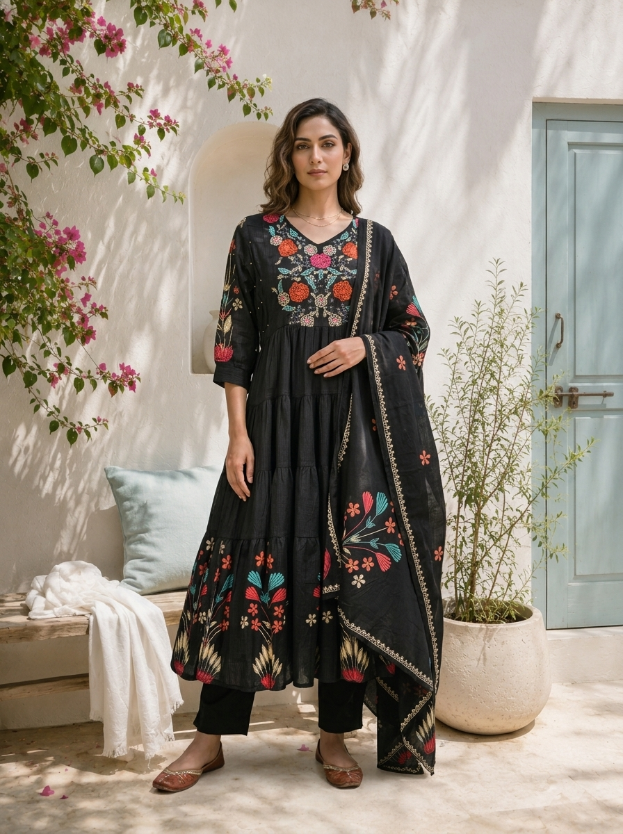 Black Cotton Colorful Floral Motifs Embroidered Three Piece Set