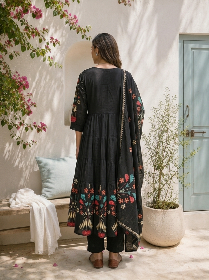 Black Cotton Colorful Floral Motifs Embroidered Three Piece Set