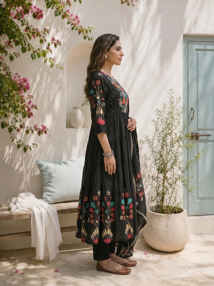 Black Cotton Colorful Floral Motifs Embroidered Three Piece Set
