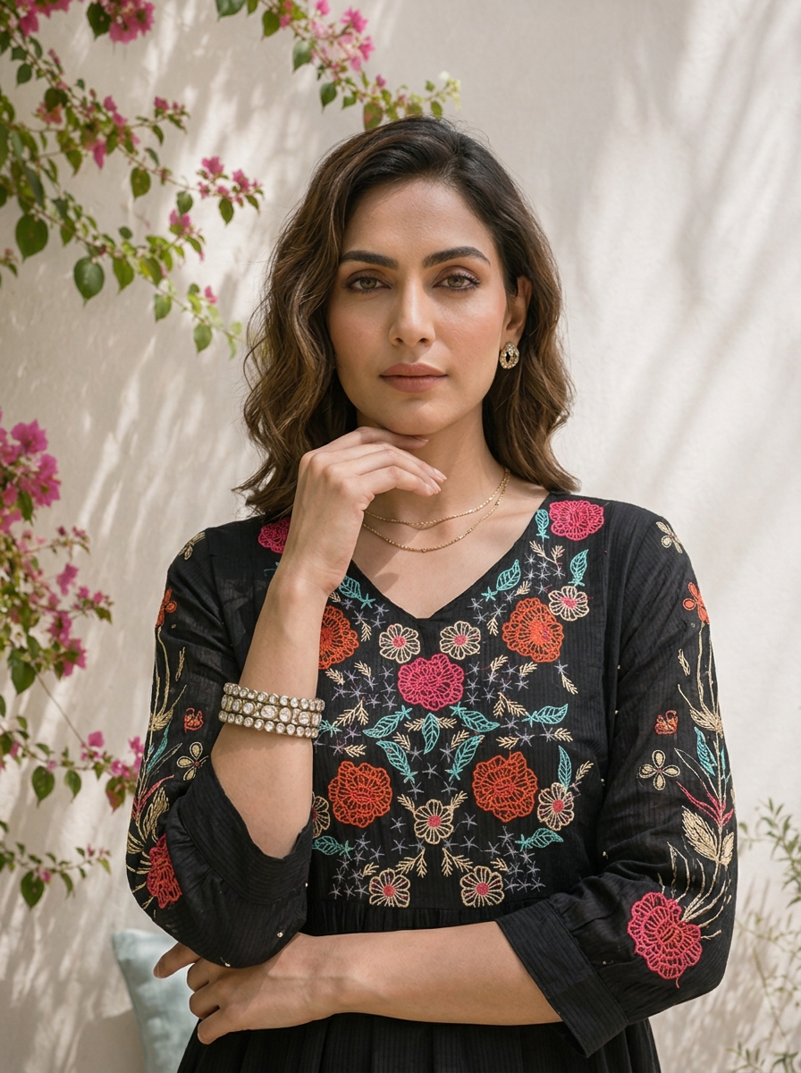 Black Cotton Colorful Floral Motifs Embroidered Three Piece Set