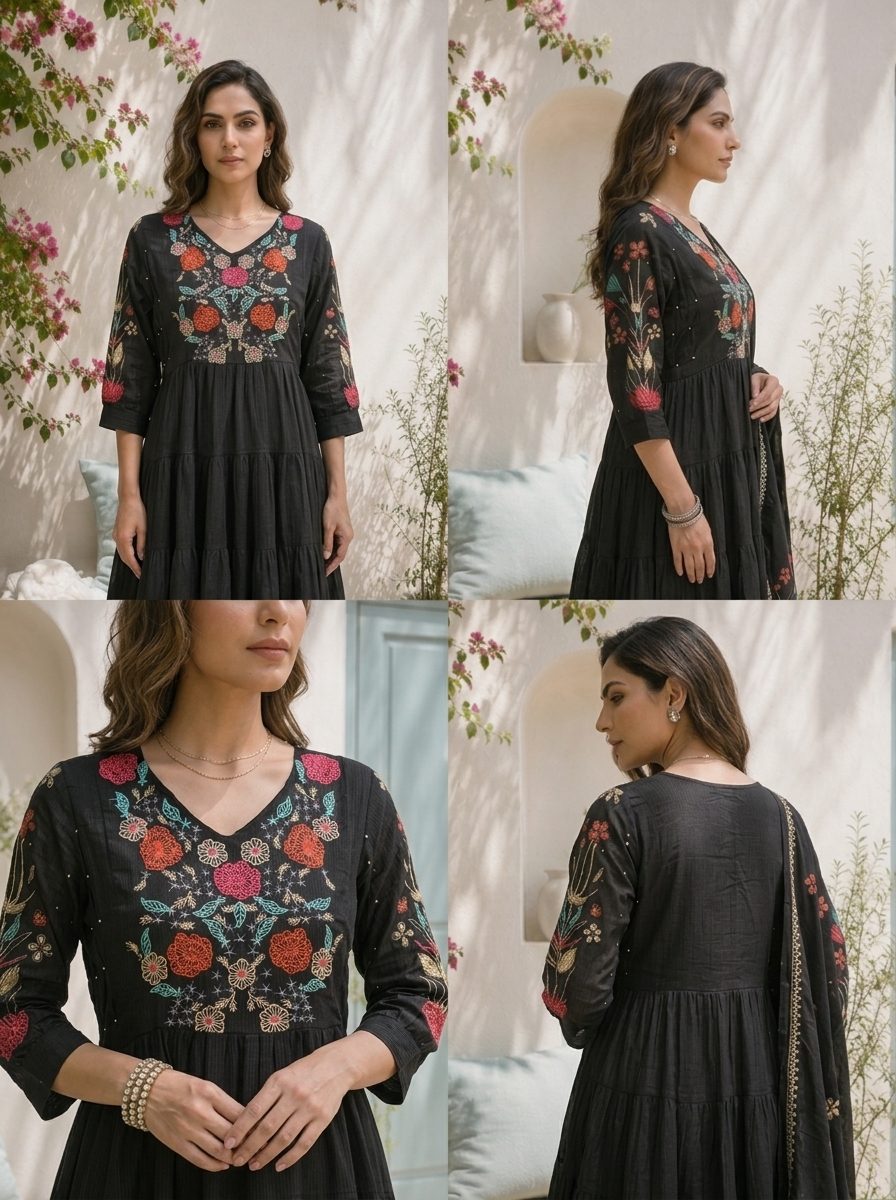 Black Cotton Colorful Floral Motifs Embroidered Three Piece Set