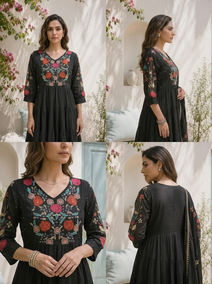 Black Cotton Colorful Floral Motifs Embroidered Three Piece Set