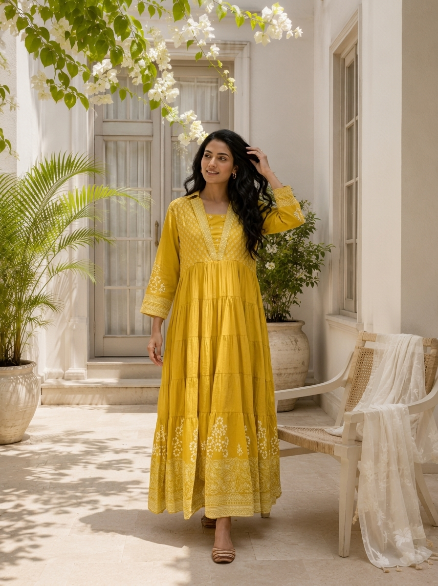 Lime Green Cotton Block Printed Long Dress