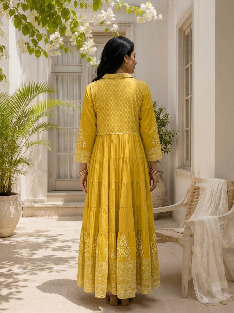 Lime Green Cotton Block Printed Long Dress