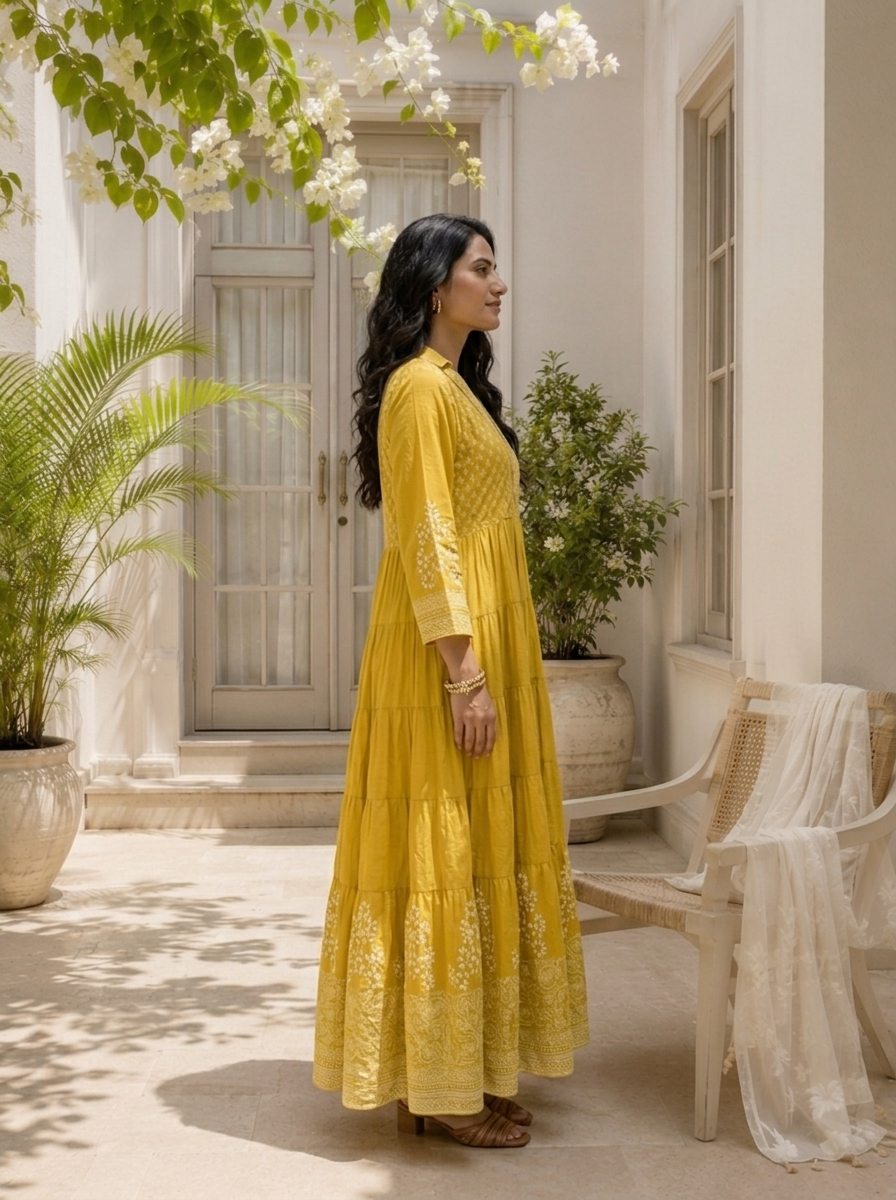 Lime Green Cotton Block Printed Long Dress