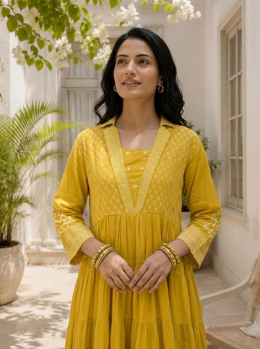 Lime Green Cotton Block Printed Long Dress
