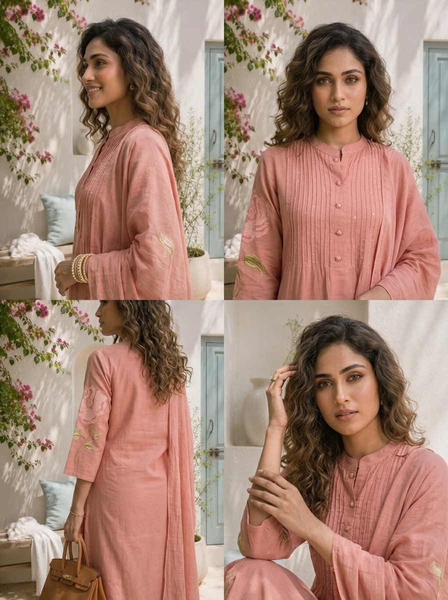Peach Cotton Rose Embroidered Three Piece Set