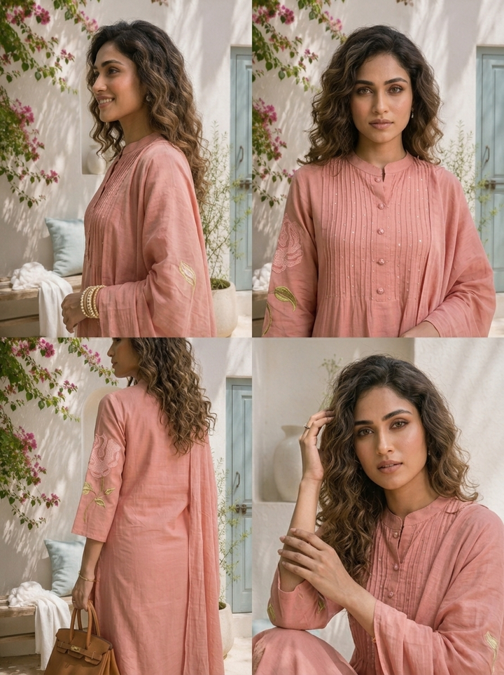 Peach Cotton Rose Embroidered Three Piece Set