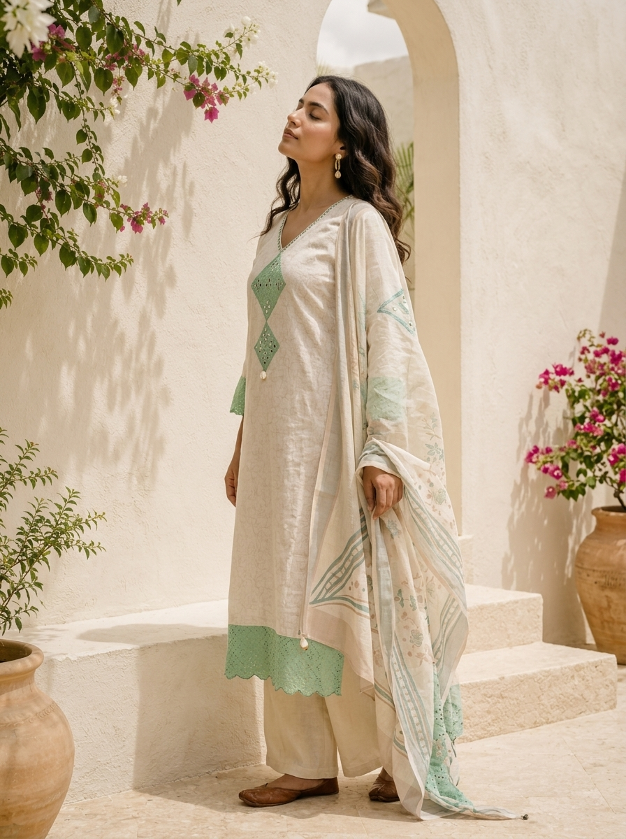 Cream Linen Geometric Patch Embroidered Three Piece Set