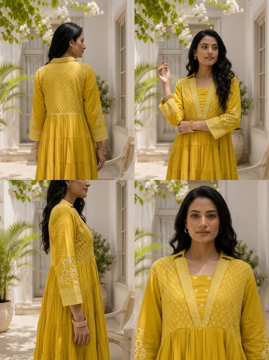 Lime Green Cotton Block Printed Long Dress