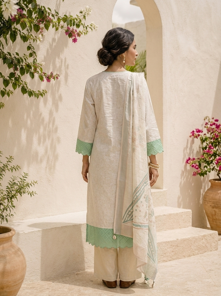 Cream Linen Geometric Patch Embroidered Three Piece Set