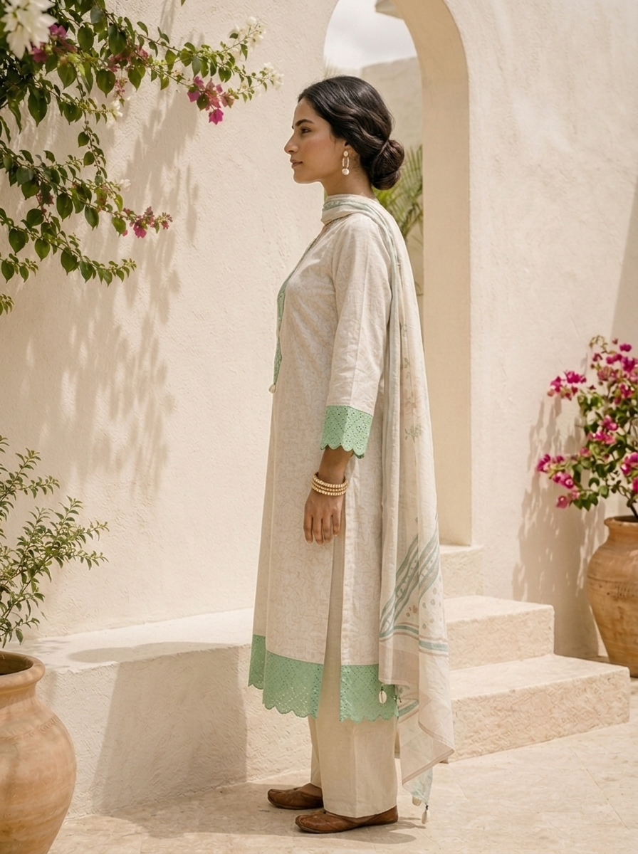 Cream Linen Geometric Patch Embroidered Three Piece Set