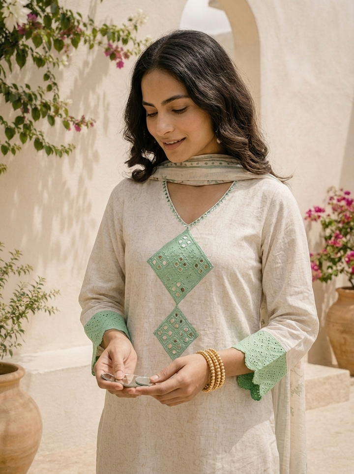 Cream Linen Geometric Patch Embroidered Three Piece Set