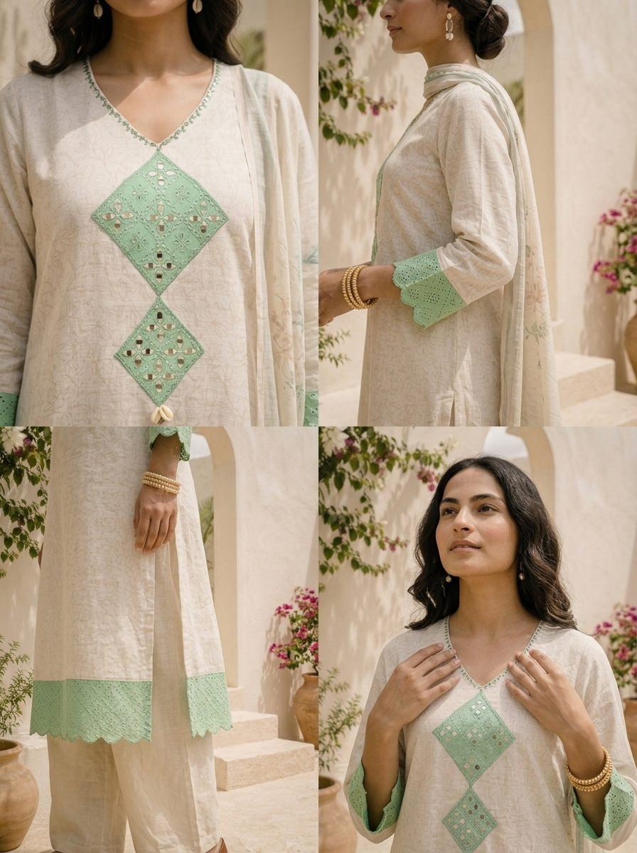 Cream Linen Geometric Patch Embroidered Three Piece Set