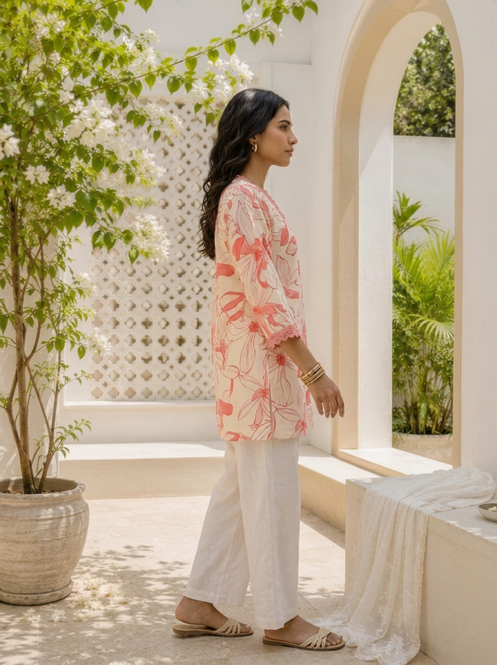 Coral Cotton Lily Floral Printed Kurta