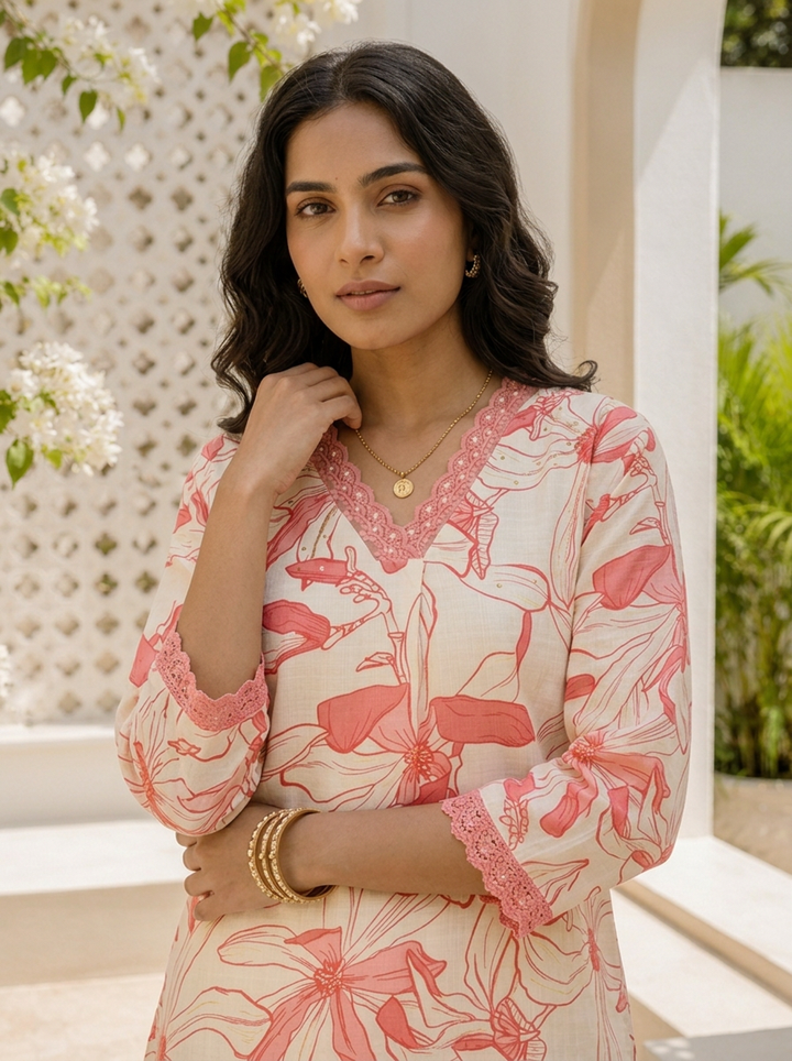 Coral Cotton Lily Floral Printed Kurta