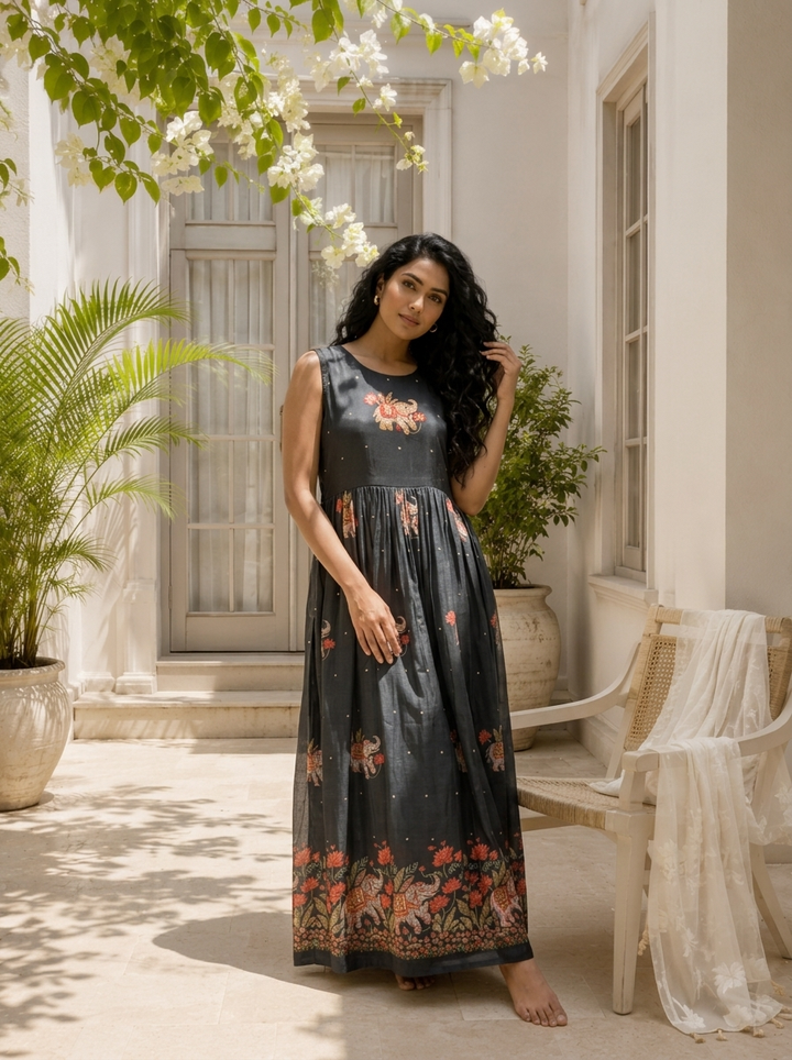 Graphit Silk Elephant Kalamkari Motif Printed Long Dress