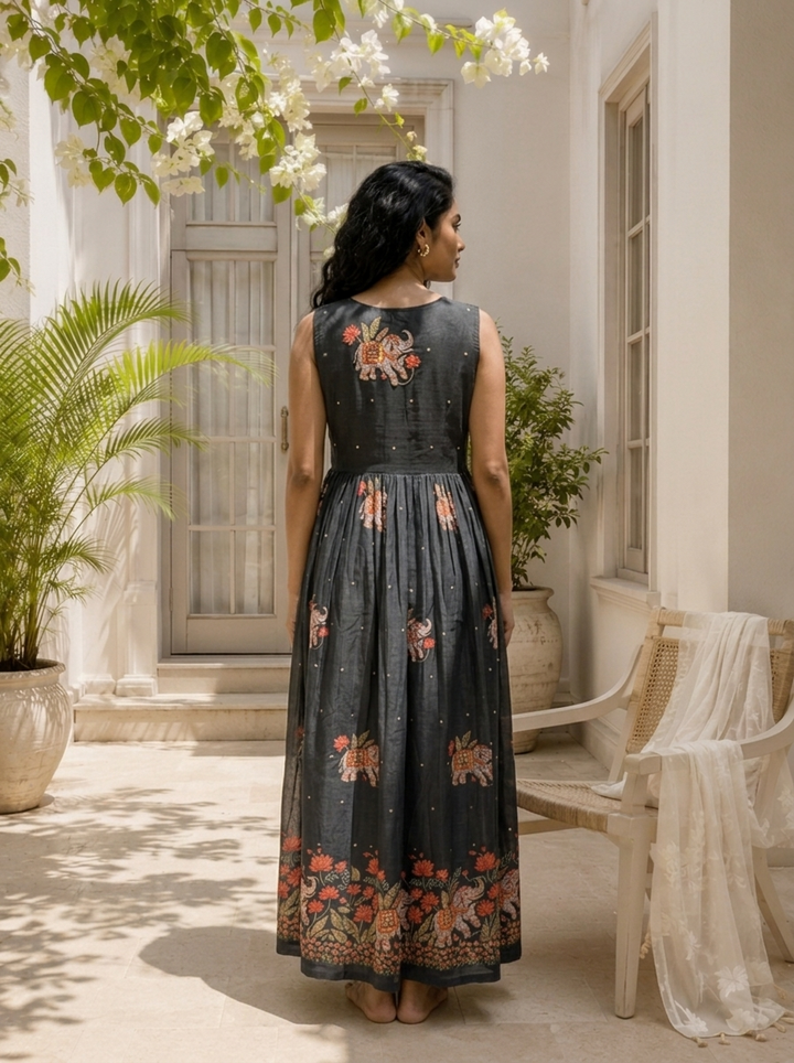 Graphit Silk Elephant Kalamkari Motif Printed Long Dress