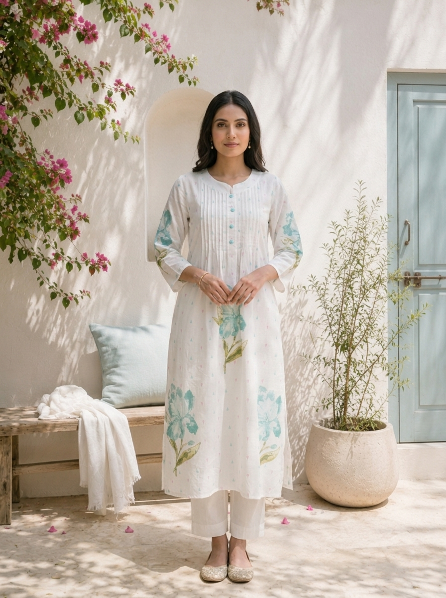 Sea Green Cotton Floral Motifs With Tiny Pastel Buti Printed Two Piece Set