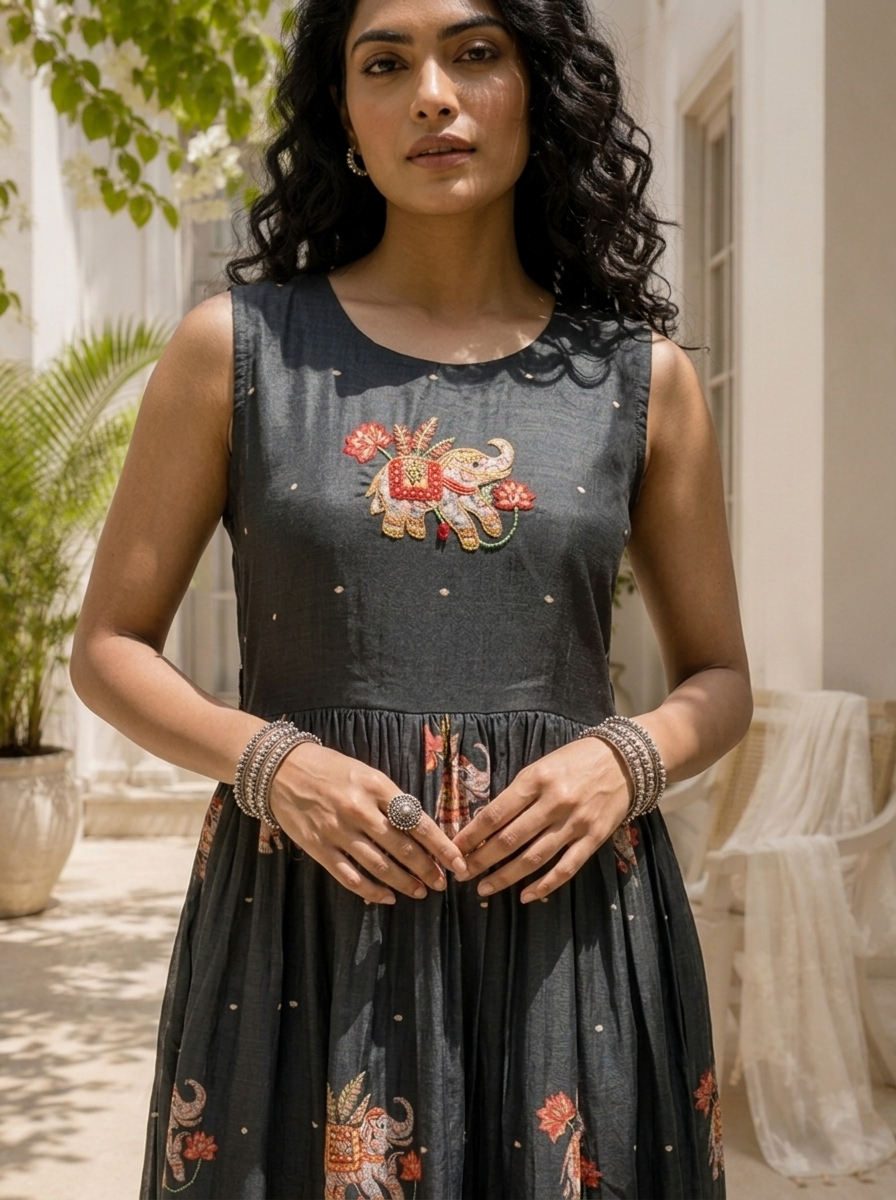 Graphit Silk Elephant Kalamkari Motif Printed Long Dress