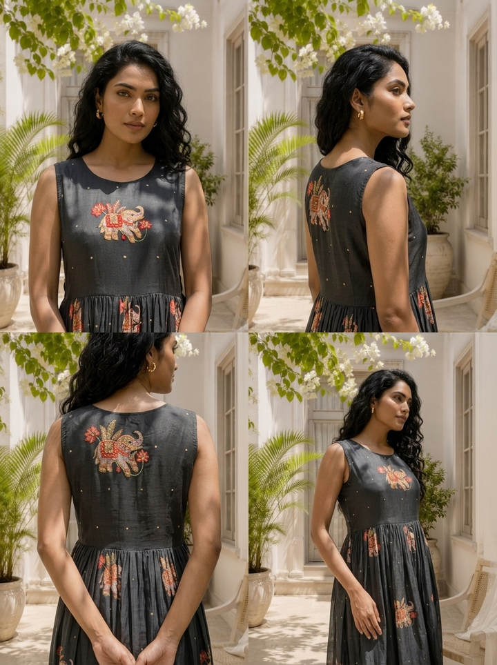 Graphit Silk Elephant Kalamkari Motif Printed Long Dress