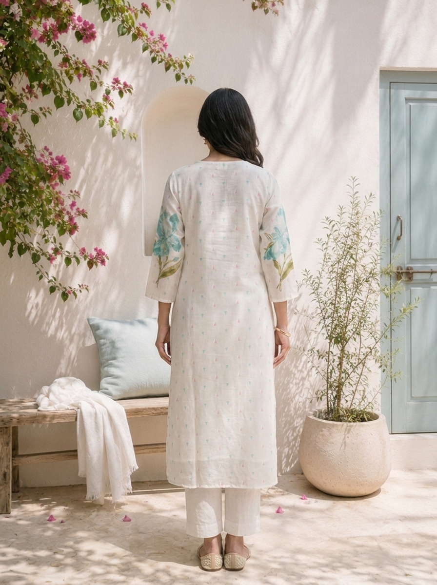 Sea Green Cotton Floral Motifs With Tiny Pastel Buti Printed Two Piece Set