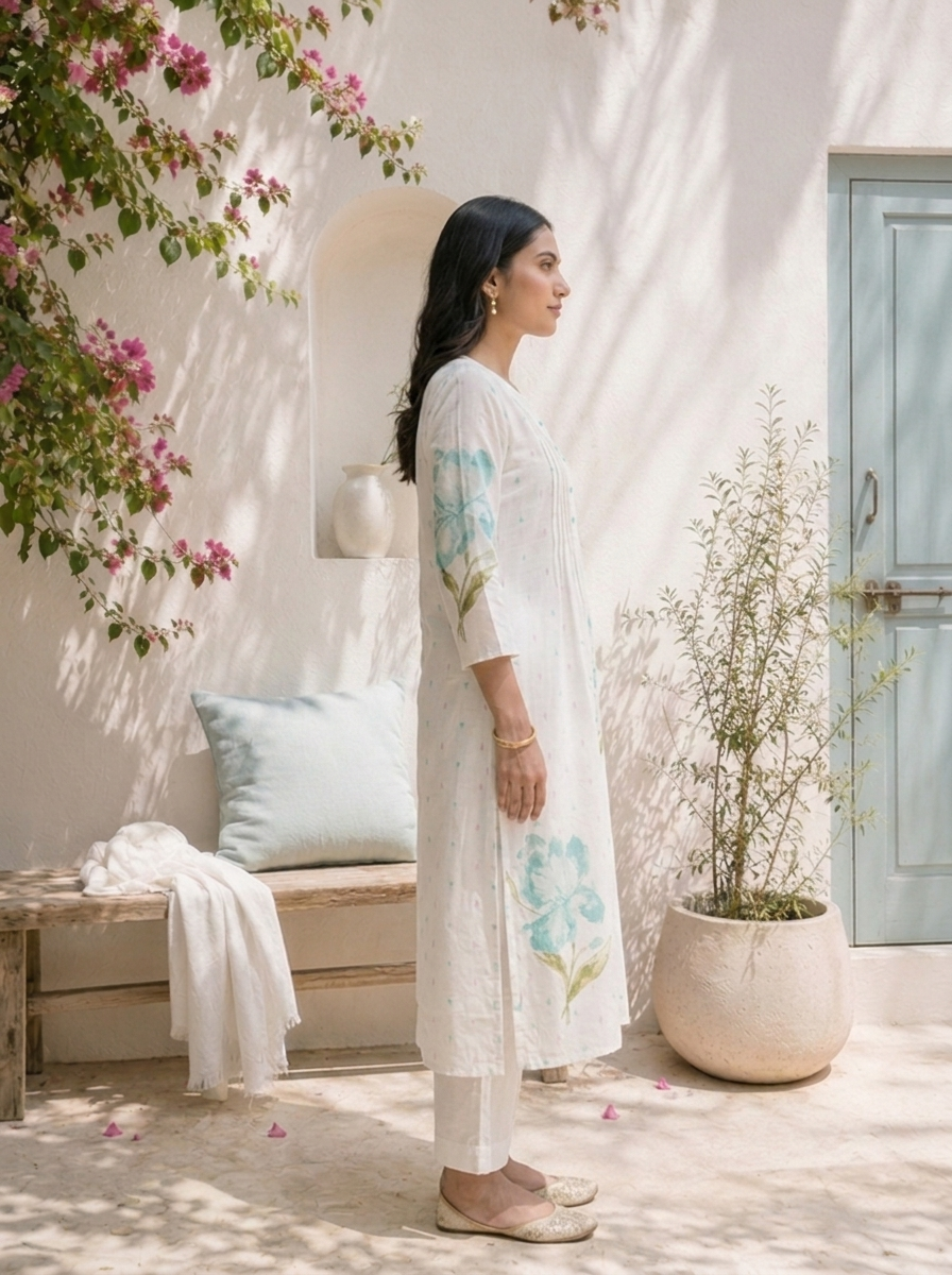 Sea Green Cotton Floral Motifs With Tiny Pastel Buti Printed Two Piece Set