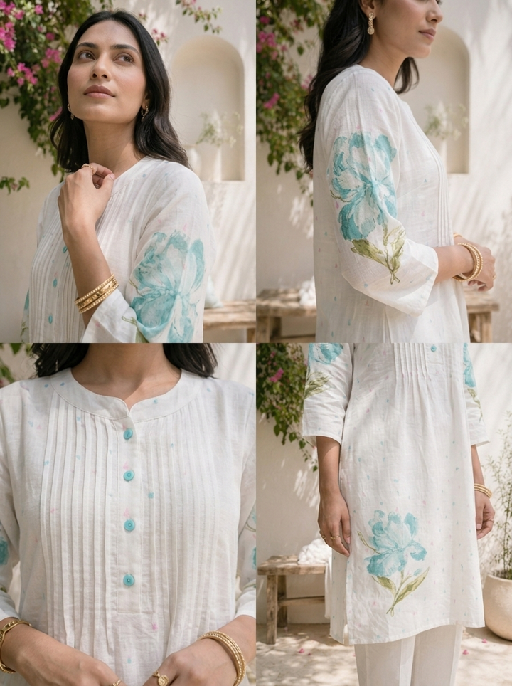 Sea Green Cotton Floral Motifs With Tiny Pastel Buti Printed Two Piece Set