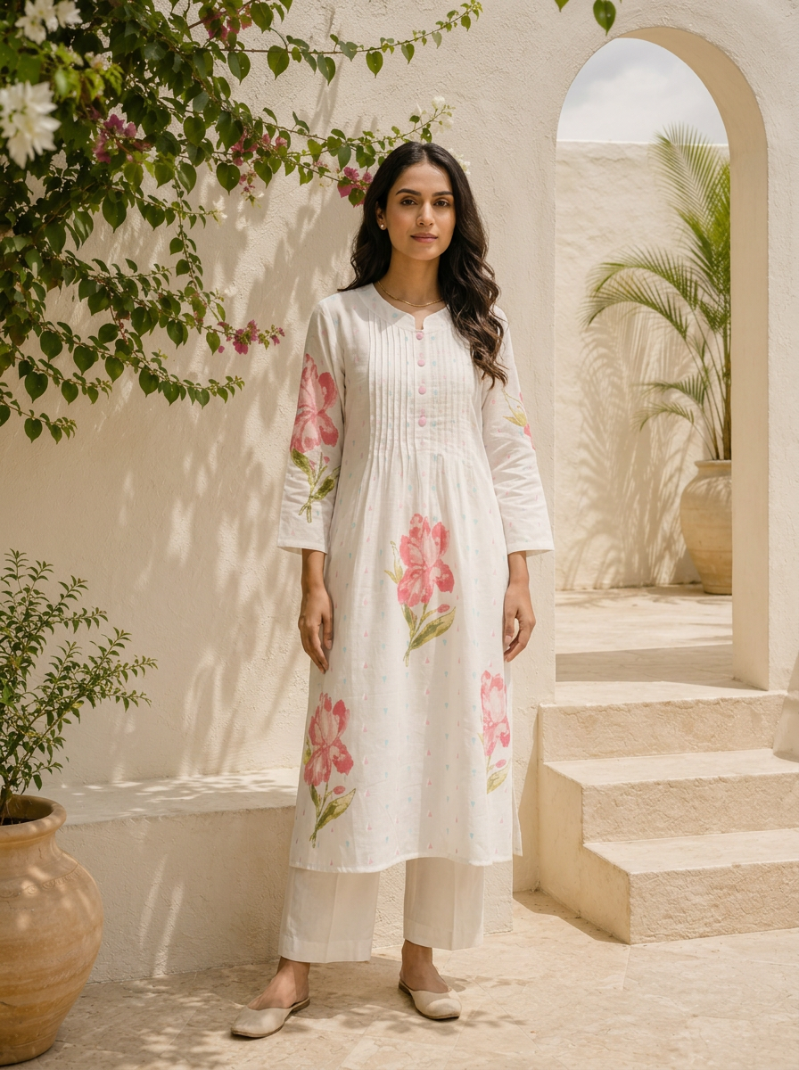 Baby Pink Cotton Floral Motifs With Tiny Pastel Buti Printed Two Piece Set