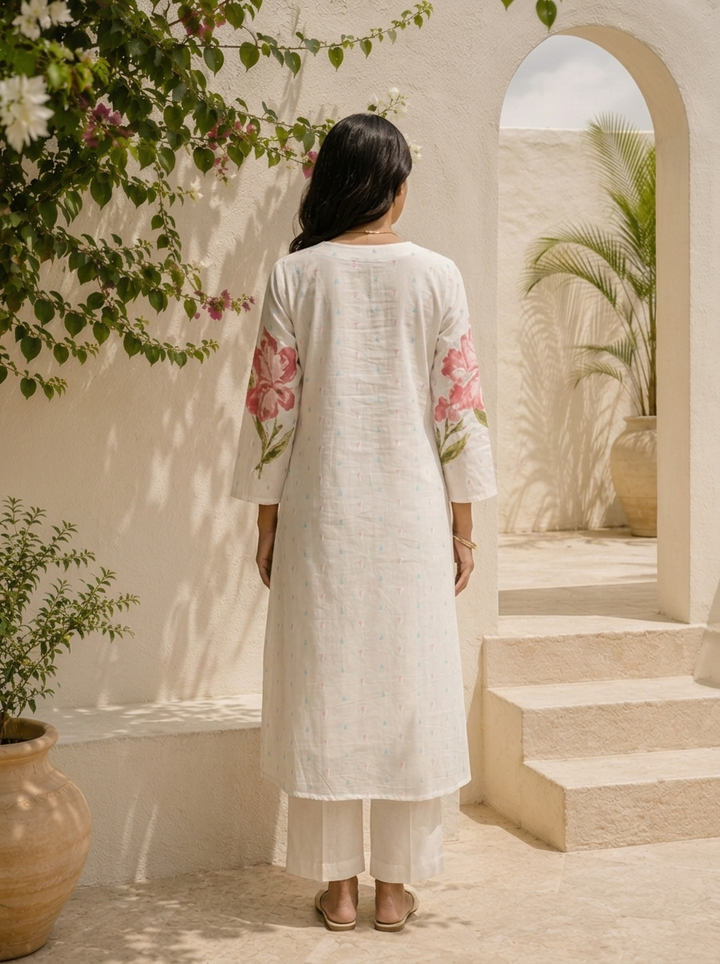 Baby Pink Cotton Floral Motifs With Tiny Pastel Buti Printed Two Piece Set