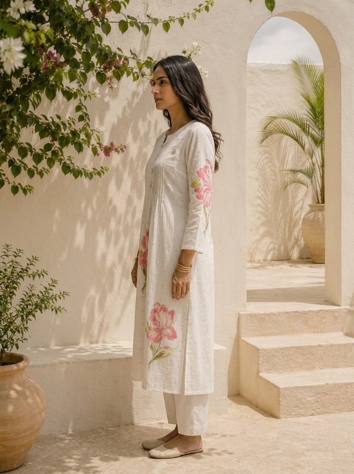 Baby Pink Cotton Floral Motifs With Tiny Pastel Buti Printed Two Piece Set