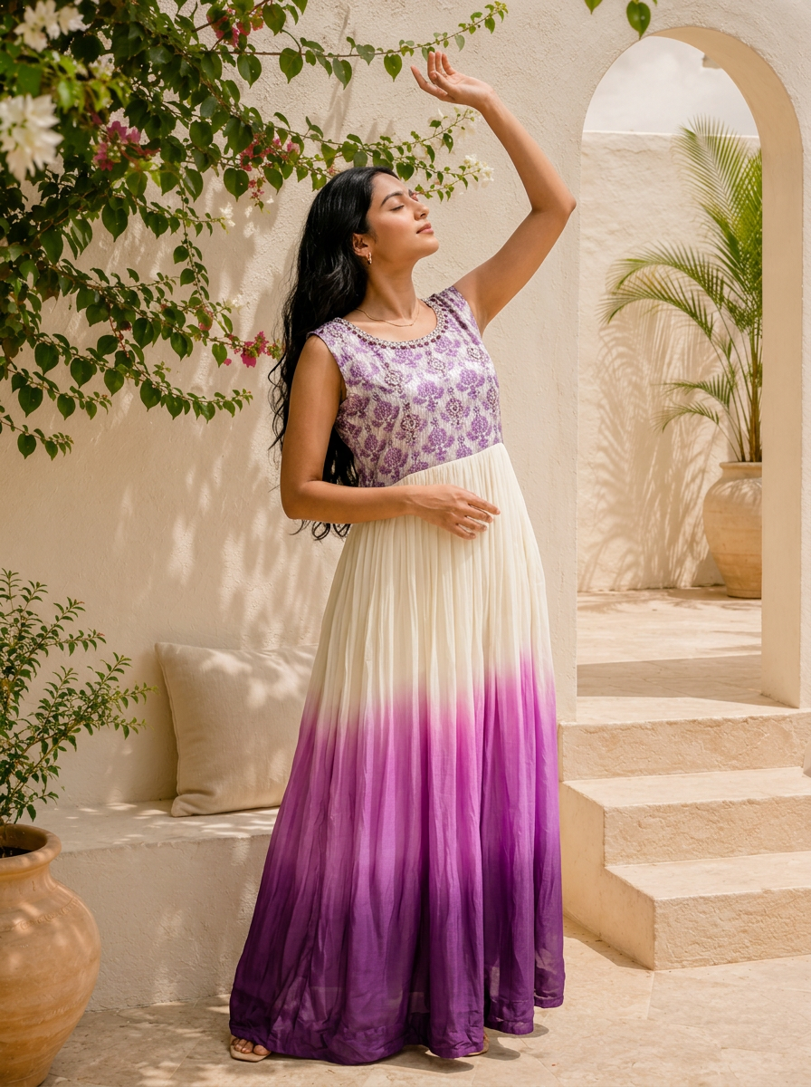 Purple Georgette Ombre Dyed Printed Long Dress