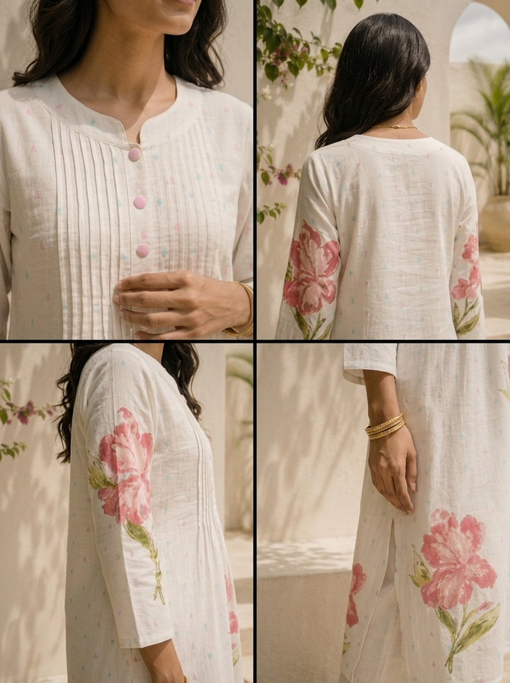 Baby Pink Cotton Floral Motifs With Tiny Pastel Buti Printed Two Piece Set