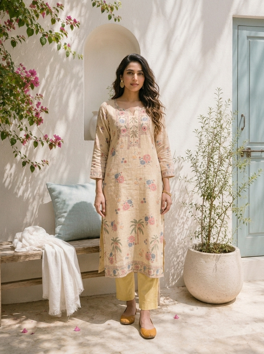 Beige Linen Floral And Palm Tree Printed Two Piece Set