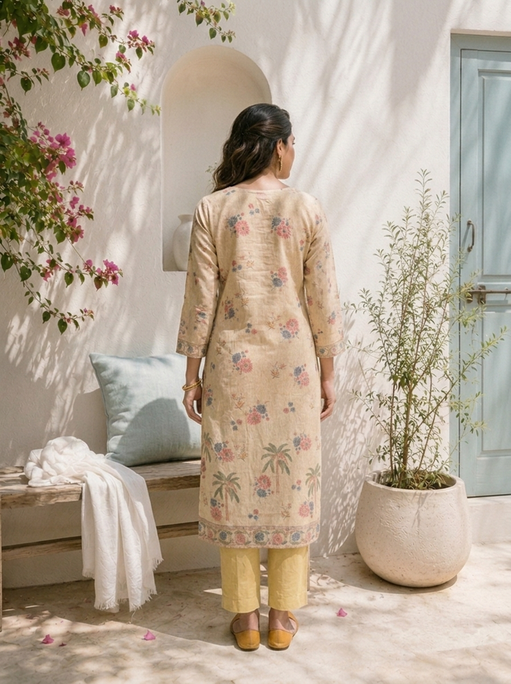 Beige Linen Floral And Palm Tree Printed Two Piece Set