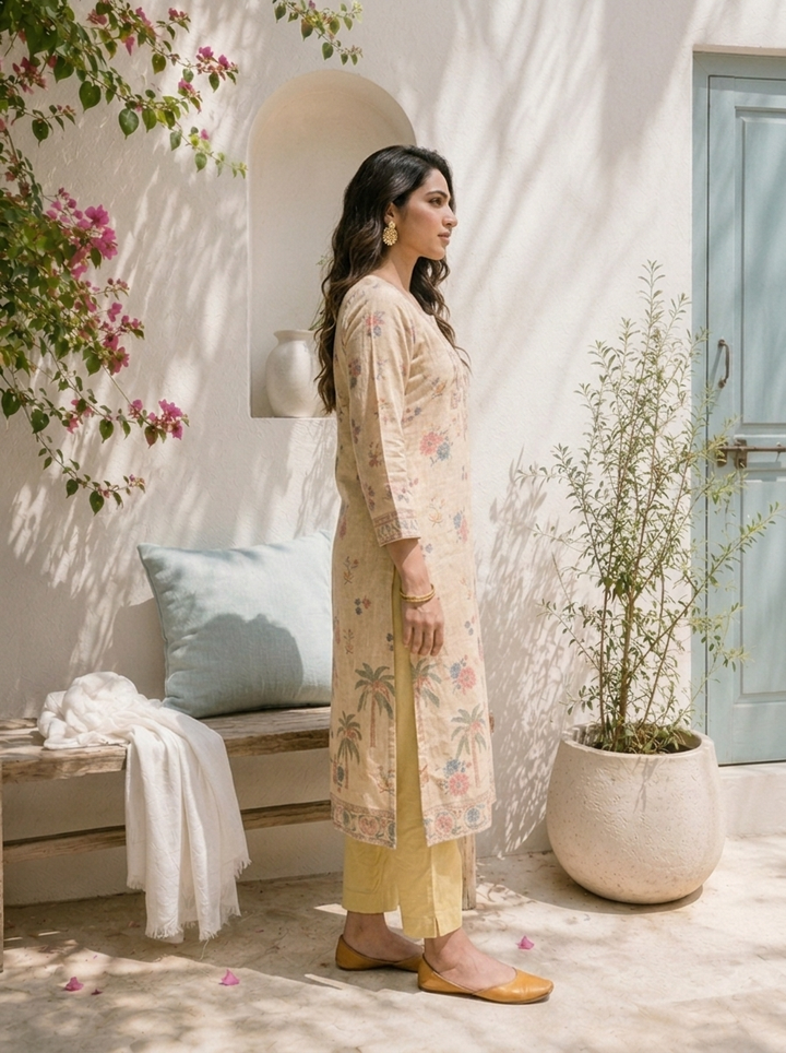 Beige Linen Floral And Palm Tree Printed Two Piece Set
