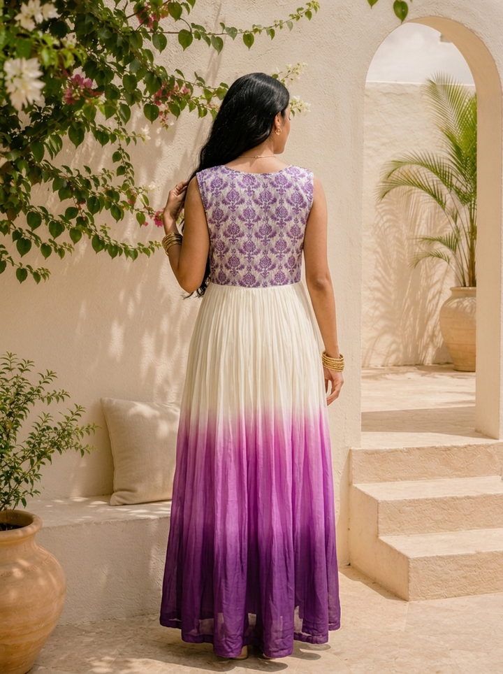Purple Georgette Ombre Dyed Printed Long Dress