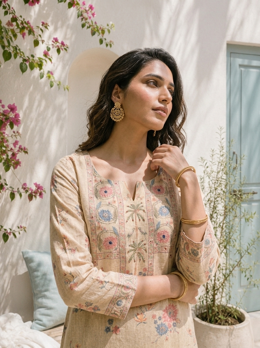 Beige Linen Floral And Palm Tree Printed Two Piece Set