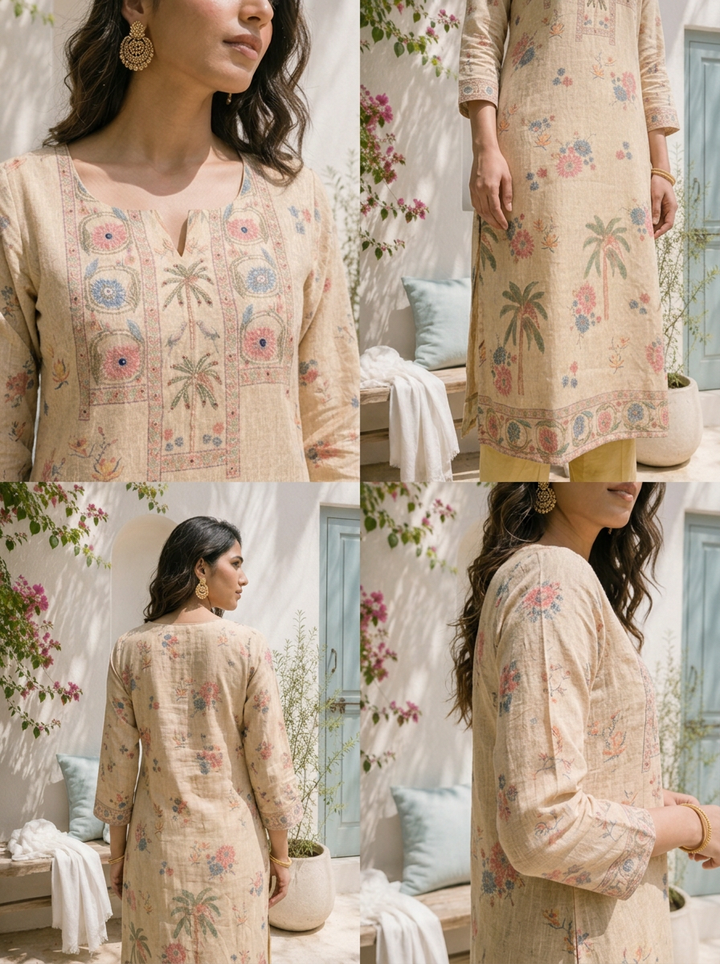 Beige Linen Floral And Palm Tree Printed Two Piece Set
