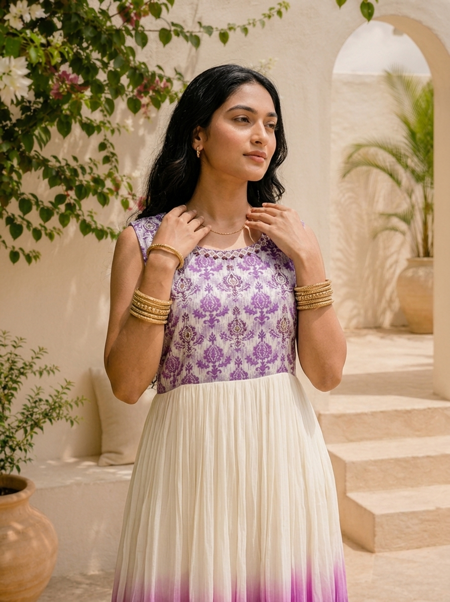 Purple Georgette Ombre Dyed Printed Long Dress