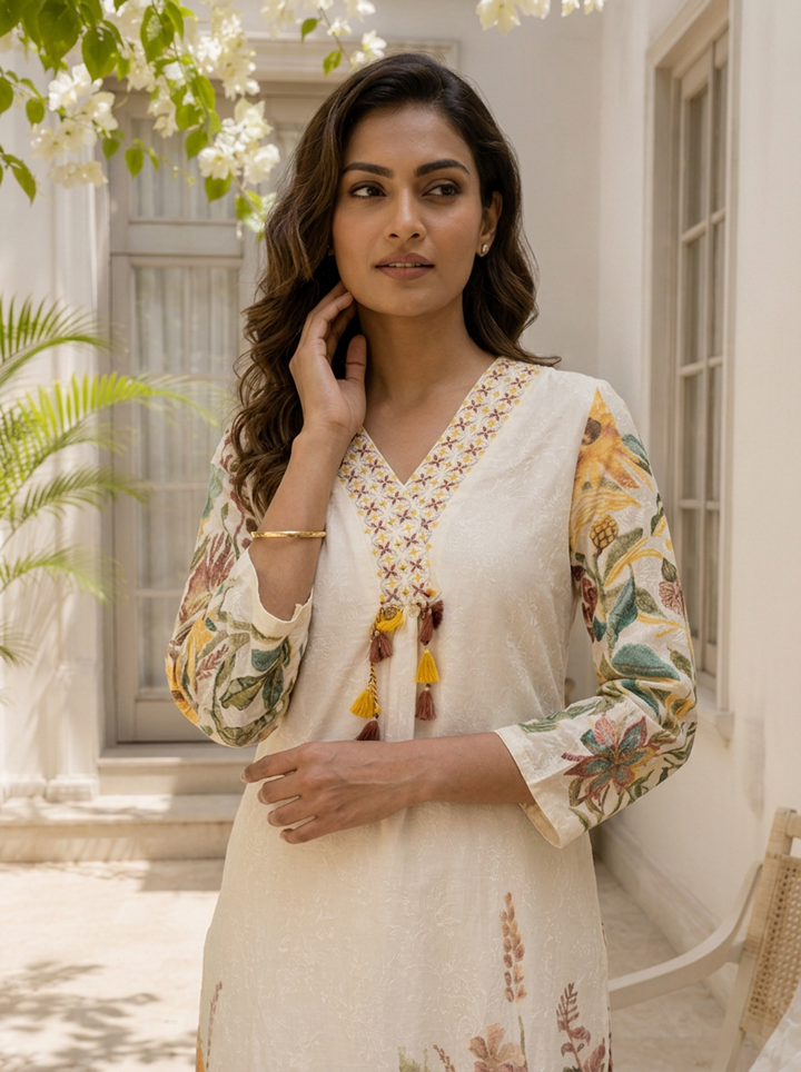 Brown Cotton Botanical Floral Printed Two Piece Set