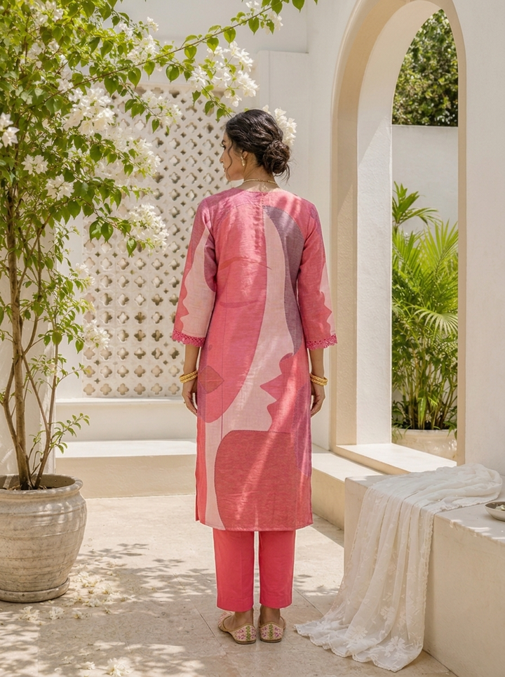 Pink Linen Abstract Face Art Printed Two Piece Set