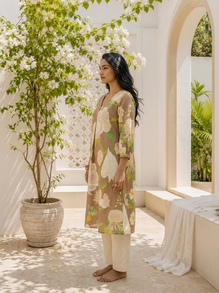 Brown Cotton Botanical Floral Printed Kurta