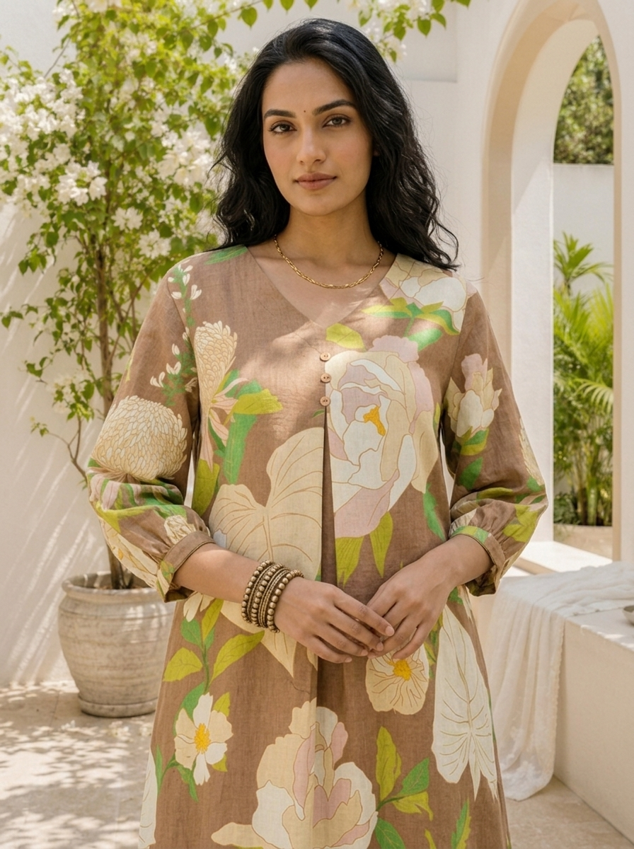 Brown Cotton Botanical Floral Printed Kurta