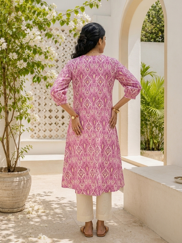 Purple Cotton Ikat Jaal Printed Kurta