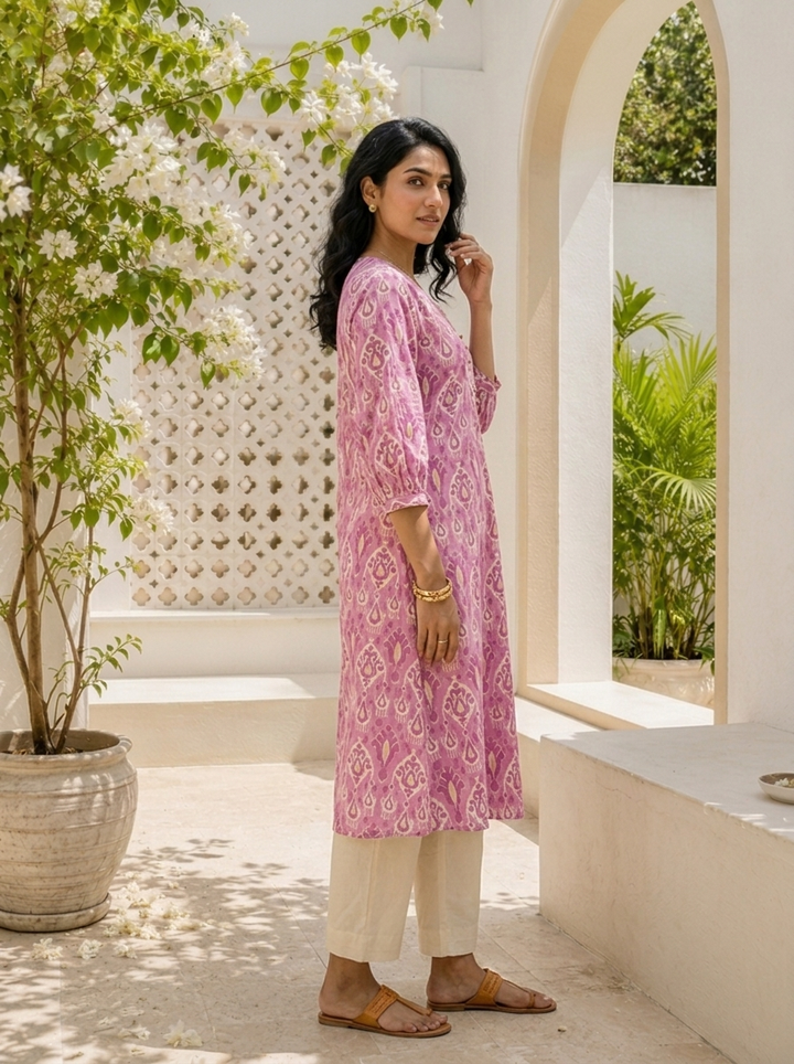 Purple Cotton Ikat Jaal Printed Kurta